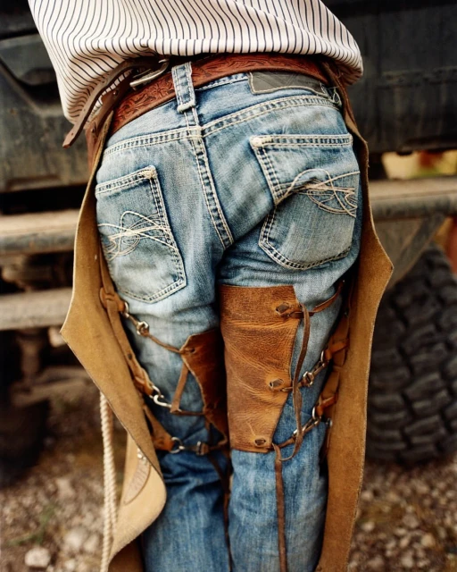 Rear view of a person wearing jeans and leather chaps, standing in front of a vehicle. Clothing details and outdoor setting visible.