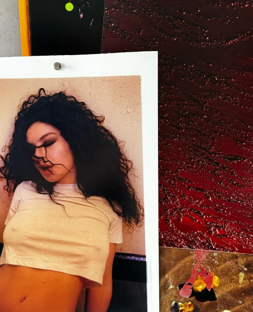 Photo of a print featuring a young adult woman with dark curly hair wearing a white crop top, pinned to a collage wall.