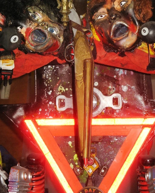 Surreal assemblage art featuring grotesque faces, billiard balls, metallic components, and a glowing red triangular frame, creating a dark and unique scene.