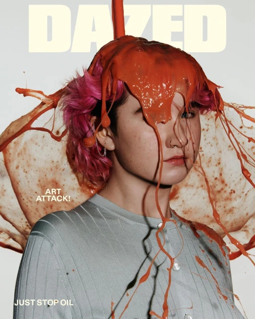 Dazed Magazine cover featuring person with bright pink hair and orange paint covering their head and shoulders on a white background.