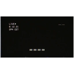 Live digital video interface overlay with white timestamp text and timer on a solid black screen background