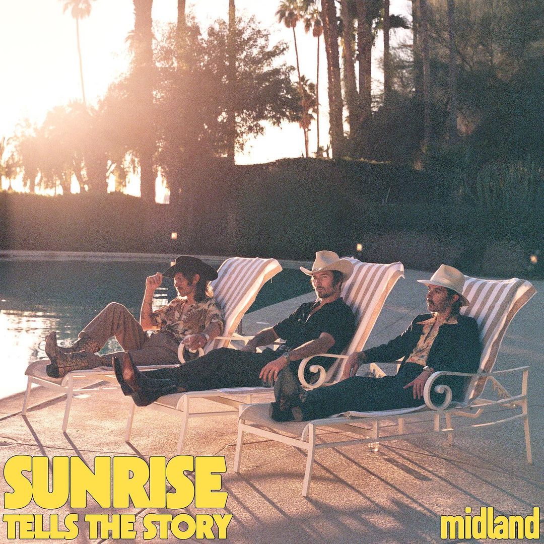 Three men in cowboy hats and western attire relax on lounge chairs by a pool, bathed in warm sunlight, with palm trees in the background.