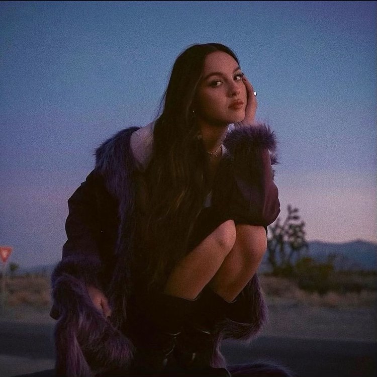 Olivia Rodrigo poses in a black outfit with fur trim on a desert road at dusk, set against a blue sky and distant mountains.