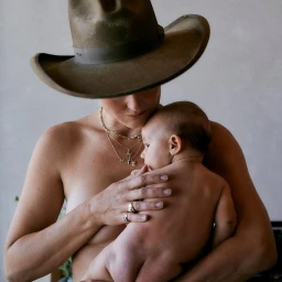 Woman wearing a wide-brimmed hat and layered gold necklaces cradling an infant against a neutral wall