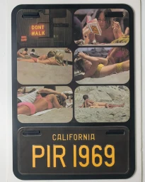 Collage of six beach scenes arranged around a California license plate reading PIR 1969 by photographer Harri Peccinotti.