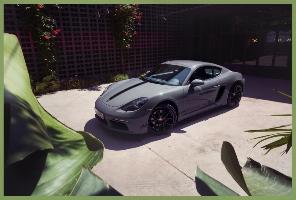 Grey Porsche coupe parked in a courtyard with green plants and a grey brick wall. The car has a black stripe down the center.