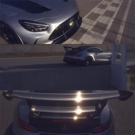 Silver Mercedes-AMG GT Black Series car on a racetrack, showcasing its sleek design, aerodynamic features, and high-performance capabilities.