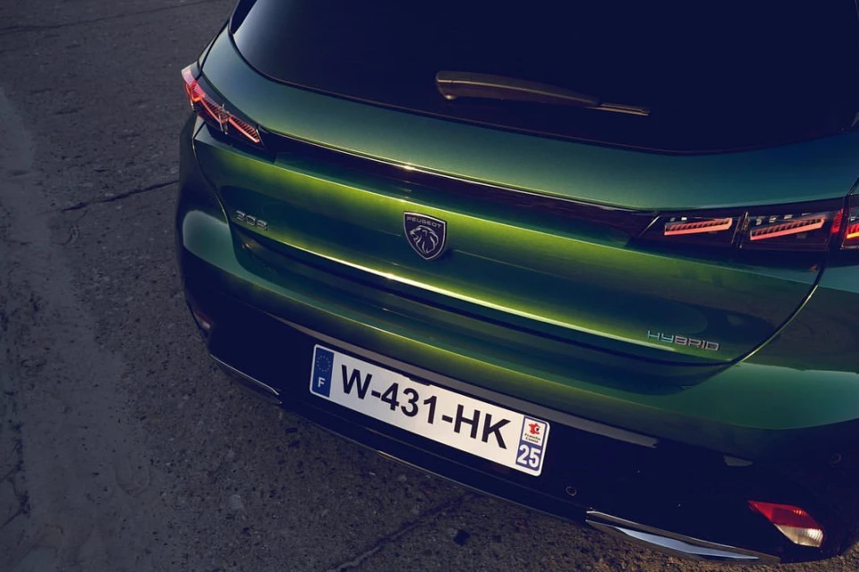 Close-up of the rear of a green Peugeot 208 Hybrid car showing the Peugeot logo, tail lights, and license plate on an asphalt road.