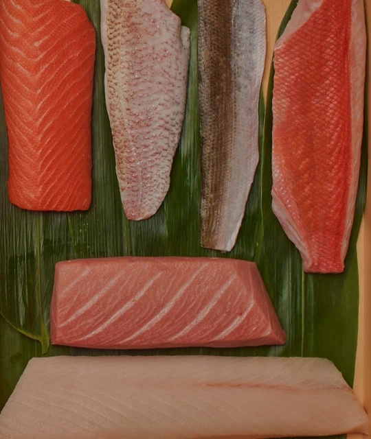 Assortment of fresh fish fillets, including salmon and tuna, artfully arranged on green leaves, showcasing vibrant colors and textures.
