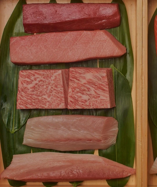 Assorted cuts of raw fish displayed on green leaves in a wooden container, various colors and textures suggesting high-quality ingredients.