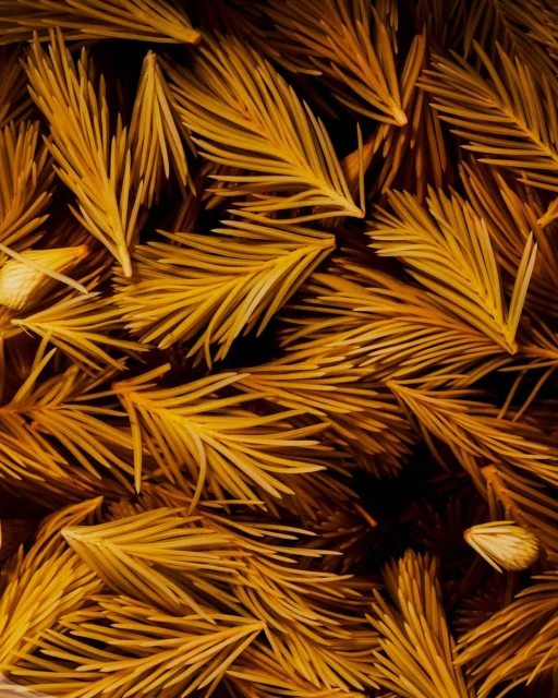Overhead shot of golden-colored pine needles filling the frame, creating a textured and detailed botanical background with natural lighting.