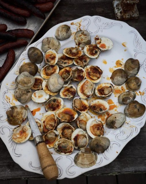 Overhead shot on a white decorative platter of cooked clams with dark brown edges and red sauce, alongside grilled hotdogs and a knife.