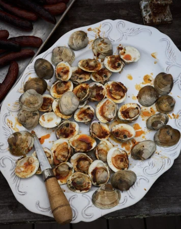 Overhead shot on a white decorative platter of cooked clams with dark brown edges and red sauce, alongside grilled hotdogs and a knife.