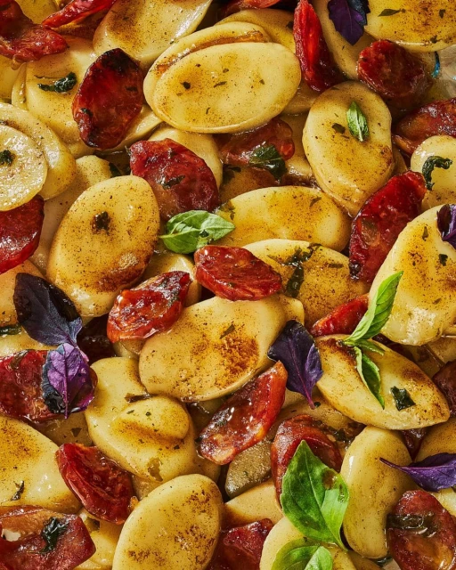 Overhead shot of golden gnocchi with charred chorizo slices and green and purple basil leaves, offering a visually appealing food composition.