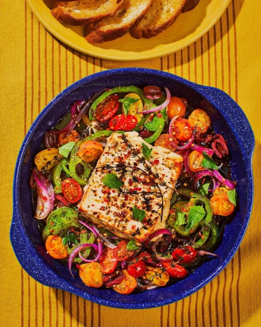 Overhead shot of a blue dish with baked feta cheese surrounded by sauteed vegetables, including tomatoes, onions, and green peppers.