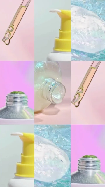 Close-up of various clear and white beauty product bottles with yellow, silver, and green accents against a pink and blue backdrop.
