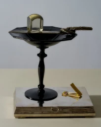 Still life photography of a black glass pedestal dish with a knife and glass block resting on a marble surface.