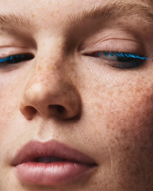 Close-up portrait of a young adult female with freckles and blue mascara on her eyelashes, focusing on beauty and personal care.