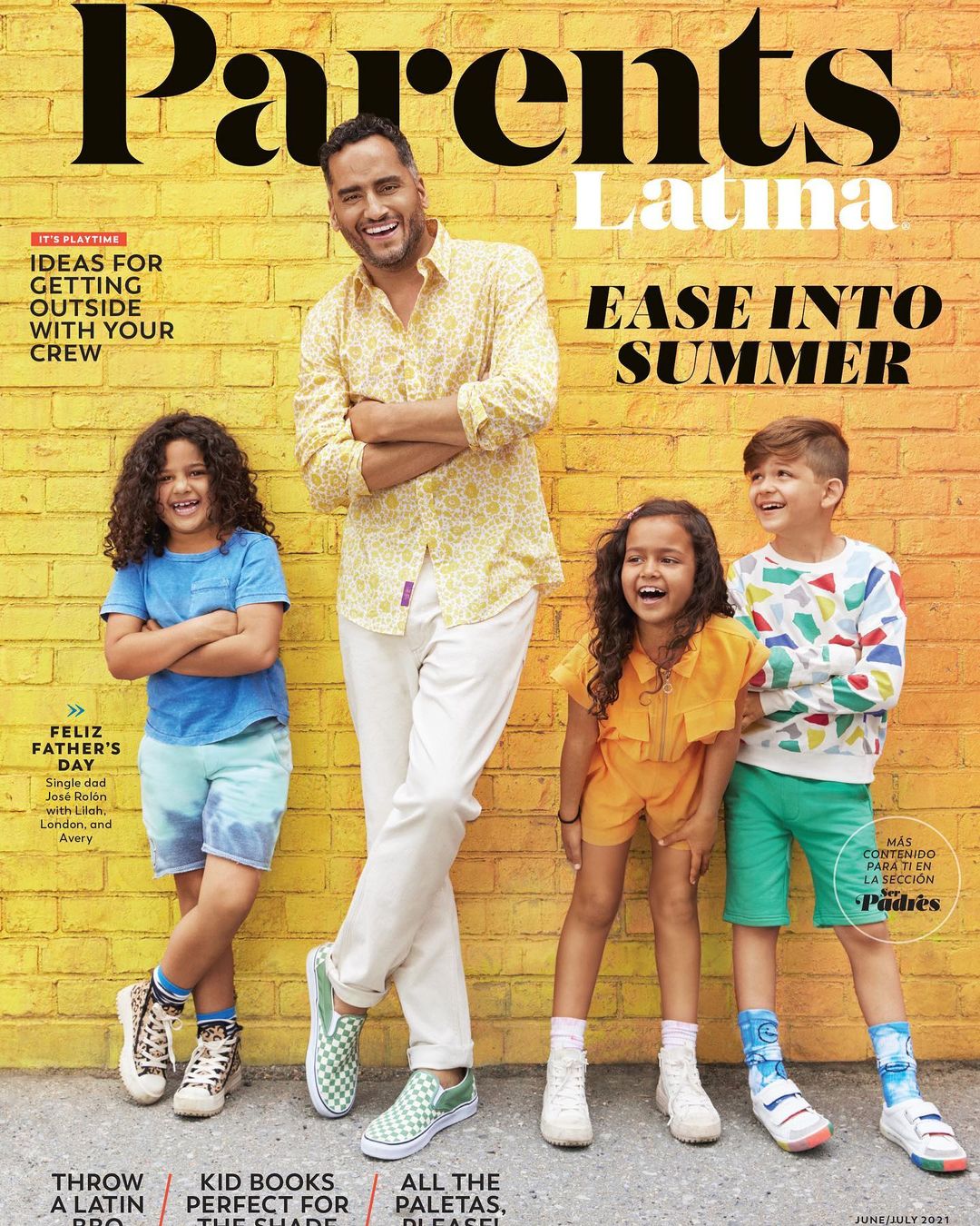 Parents Latina magazine cover featuring an adult man and three children smiling while posed against a textured yellow brick wall.