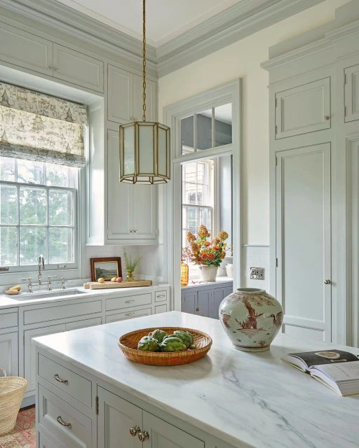 Elegant kitchen interior with custom grey cabinets, marble island with fruit bowl, decorative vase, pendant light, and neutral color scheme.