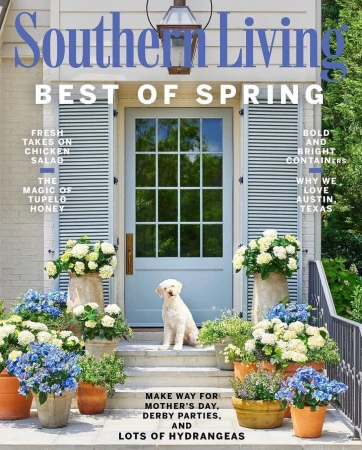 Magazine cover of Southern Living "Best of Spring" featuring a white dog sitting on steps surrounded by potted hydrangeas.