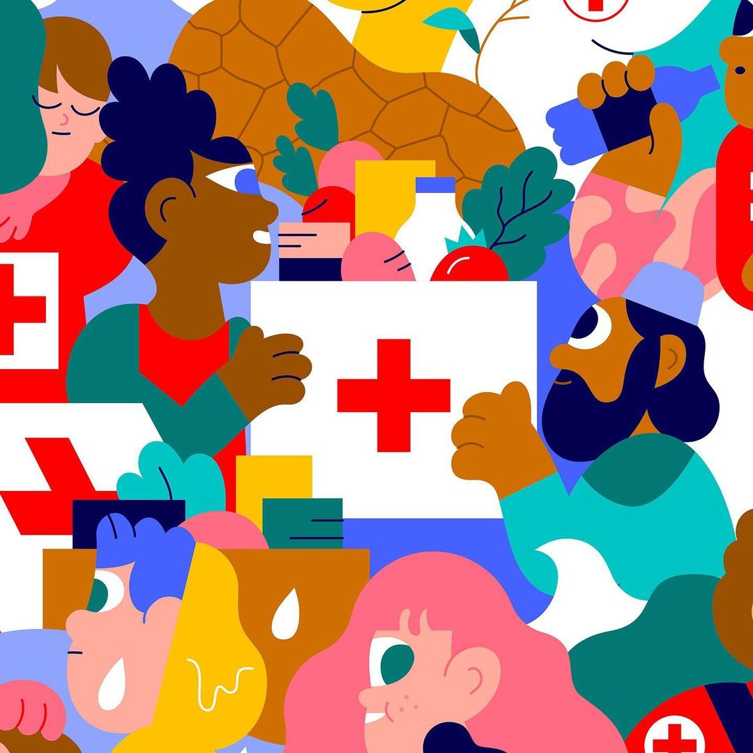 Graphic illustration featuring a diverse group of stylized people holding a box with a red cross, surrounded by plants and food items.