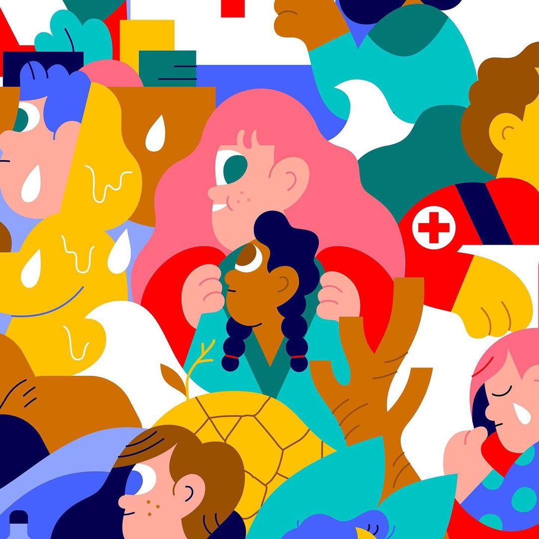 Illustration featuring a diverse group of cartoon-style people with various skin tones and colorful hair, wearing different clothing.