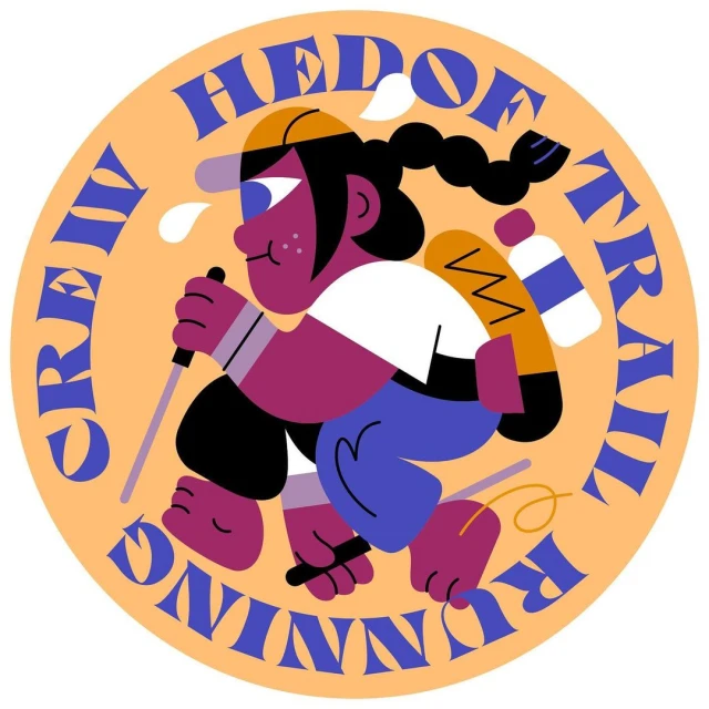 Illustration of a woman trail running with trekking poles and water bottle, set against an peach background with stylized text.