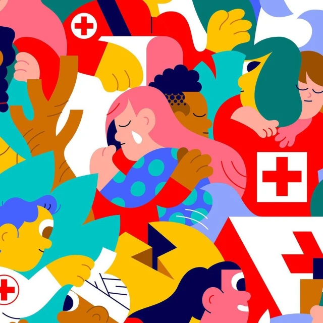 Illustration featuring a group of diverse people with a medical theme. The artwork uses a flat, bold color palette and cartoon-style figures.