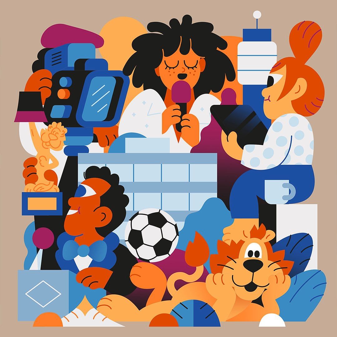 Illustration features a diverse group of people, including a reporter with a microphone, plus various objects: camera, soccer ball, lion.