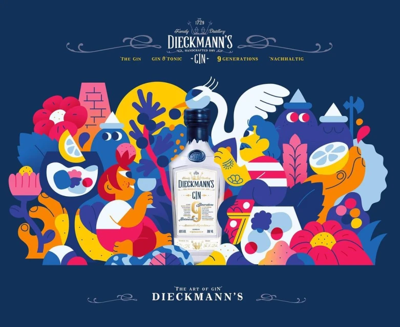 Illustration featuring Dieckmann's gin bottle, colorful abstract shapes, flowers, and foliage against a deep blue background.
