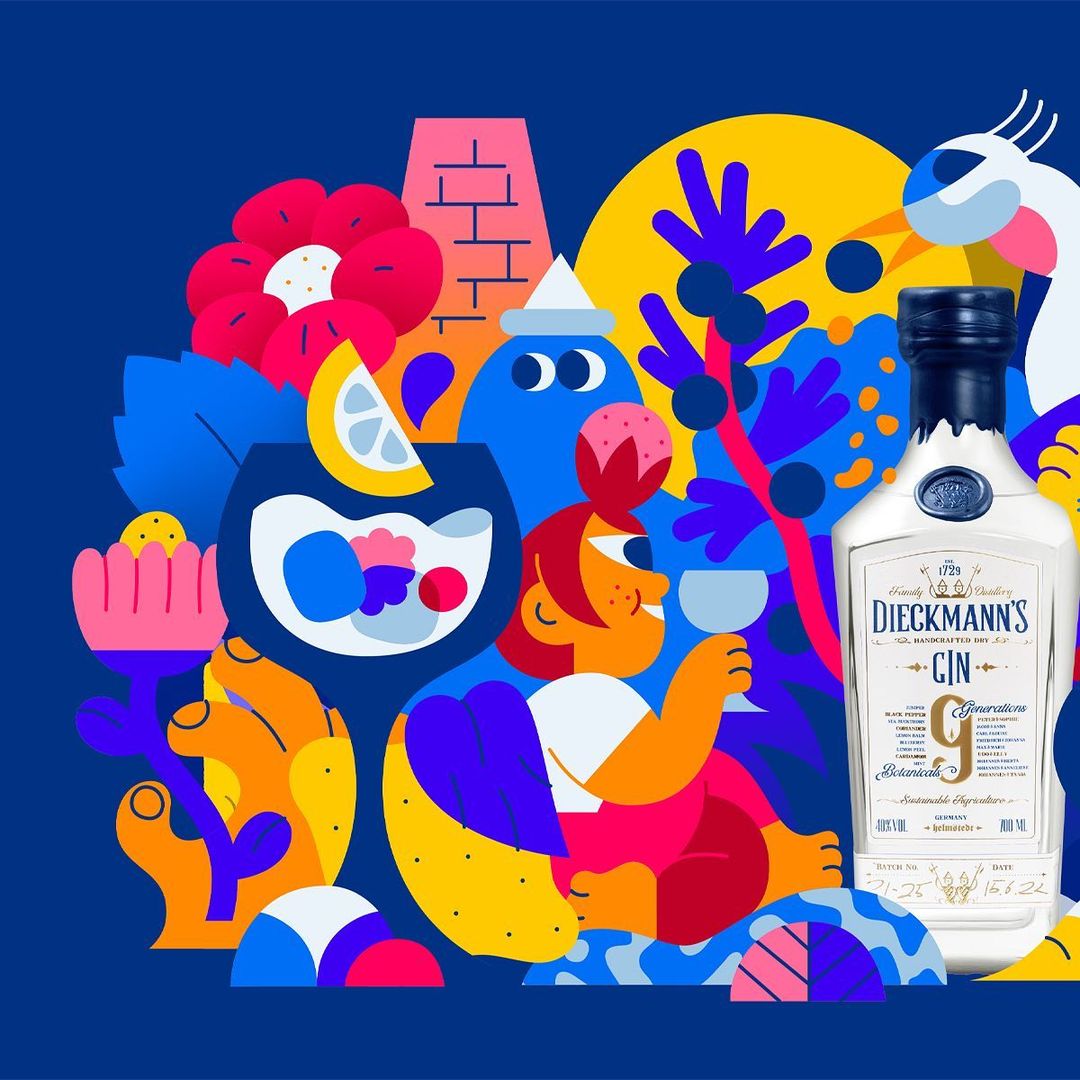 Whimsical vector art of Dieckmann's gin bottle, cocktail with lemon, flowers, and abstract figures in colorful, geometric shapes against a dark blue backdrop.