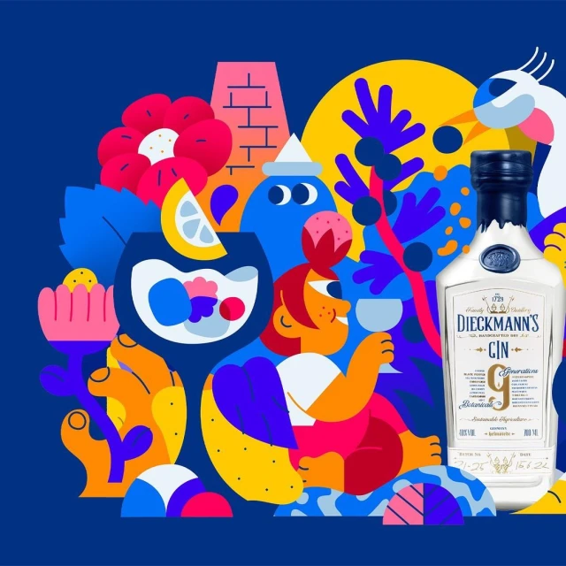 Whimsical vector art of Dieckmann's gin bottle, cocktail with lemon, flowers, and abstract figures in colorful, geometric shapes against a dark blue backdrop.