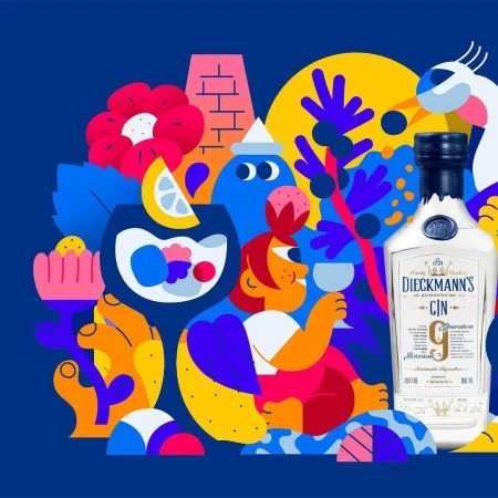 Whimsical vector art of Dieckmann's gin bottle, cocktail with lemon, flowers, and abstract figures in colorful, geometric shapes against a dark blue backdrop.