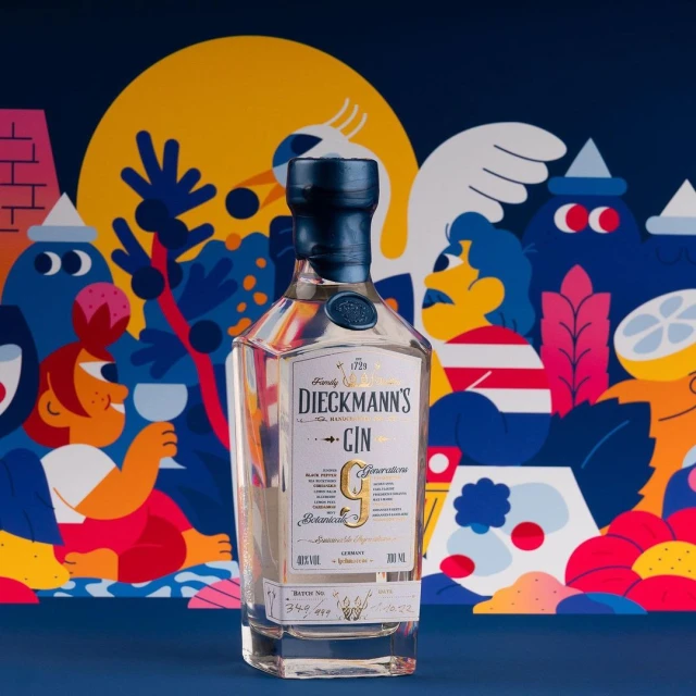 Dieckmann's Gin bottle centered against an artistic backdrop featuring colorful cartoon illustrations of plants and abstract figures.