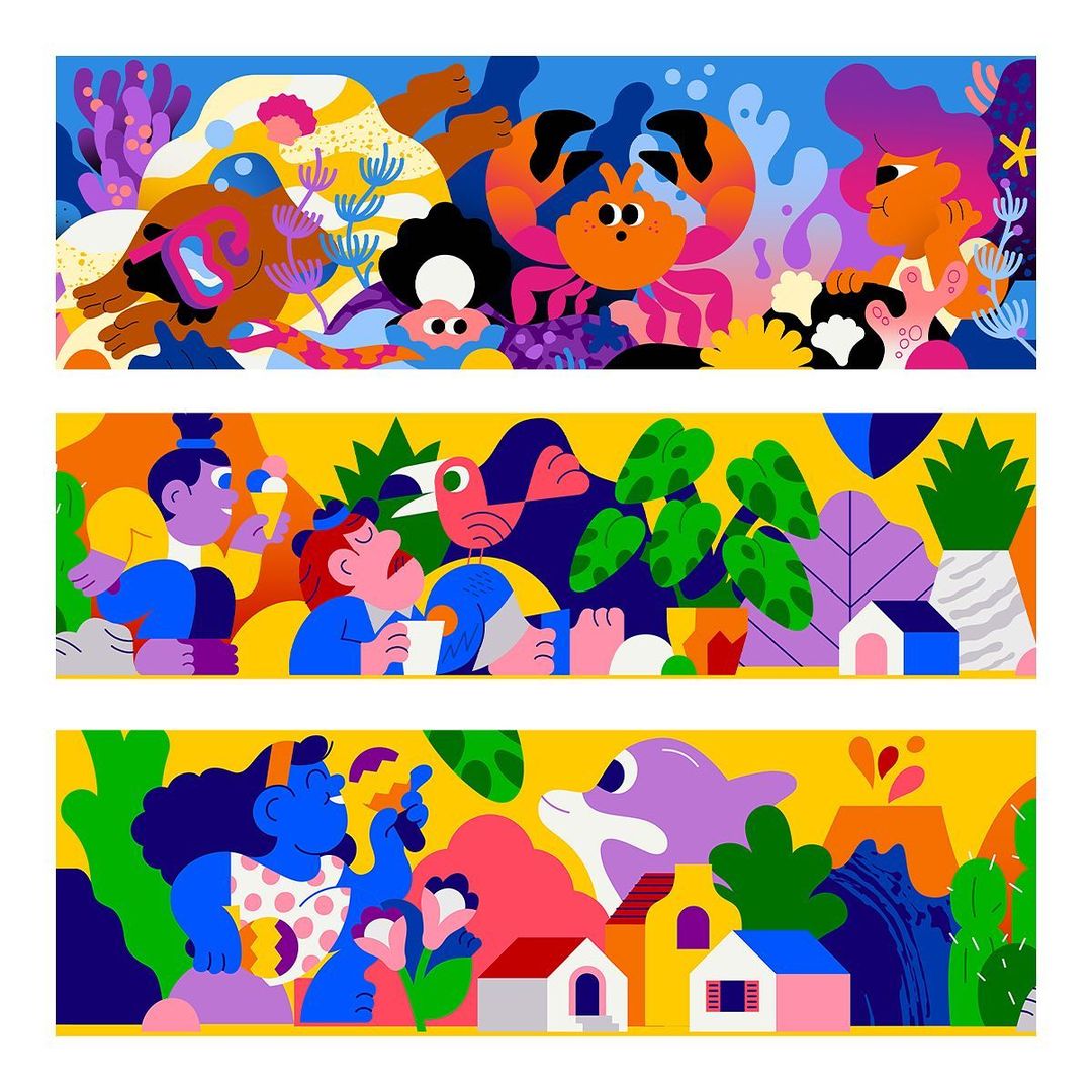 Colorful cartoon illustration with various scenes: underwater, people enjoying ice cream, and people in a landscape with houses and volcano.