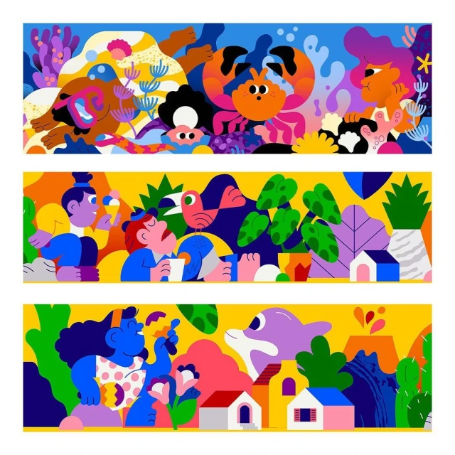 Colorful cartoon illustration with various scenes: underwater, people enjoying ice cream, and people in a landscape with houses and volcano.