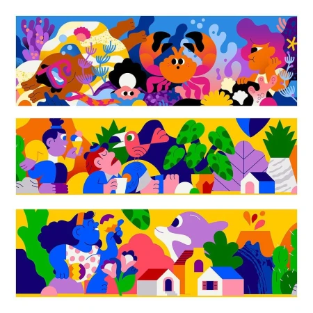 Colorful cartoon illustration with various scenes: underwater, people enjoying ice cream, and people in a landscape with houses and volcano.