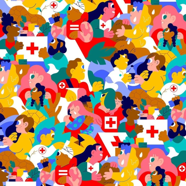 Seamless pattern featuring illustrated people in colorful tones, some wearing medical insignia such as a Red Cross symbol and stripes.