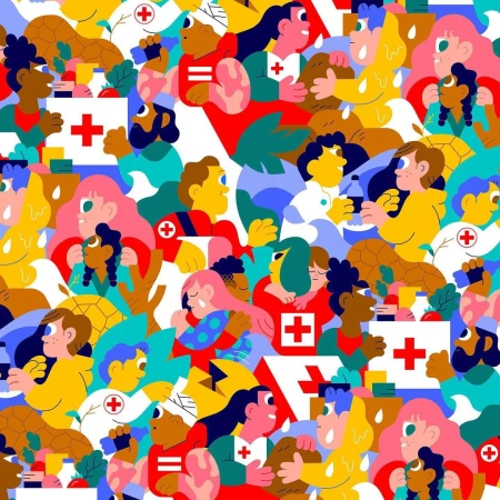 Seamless pattern featuring illustrated people in colorful tones, some wearing medical insignia such as a Red Cross symbol and stripes.