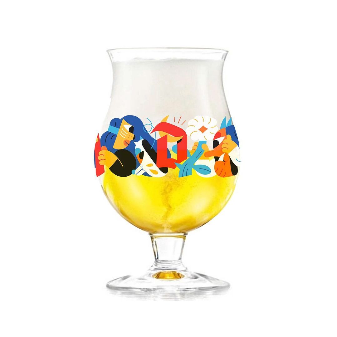 Tulip glass filled with beer, decorated with a colourful illustration of people and flowers on a white background, studio shot.