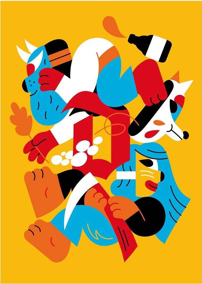 Stylized illustration featuring human-like figures and animal heads, rendered in bold colors and geometric shapes on a yellow background.