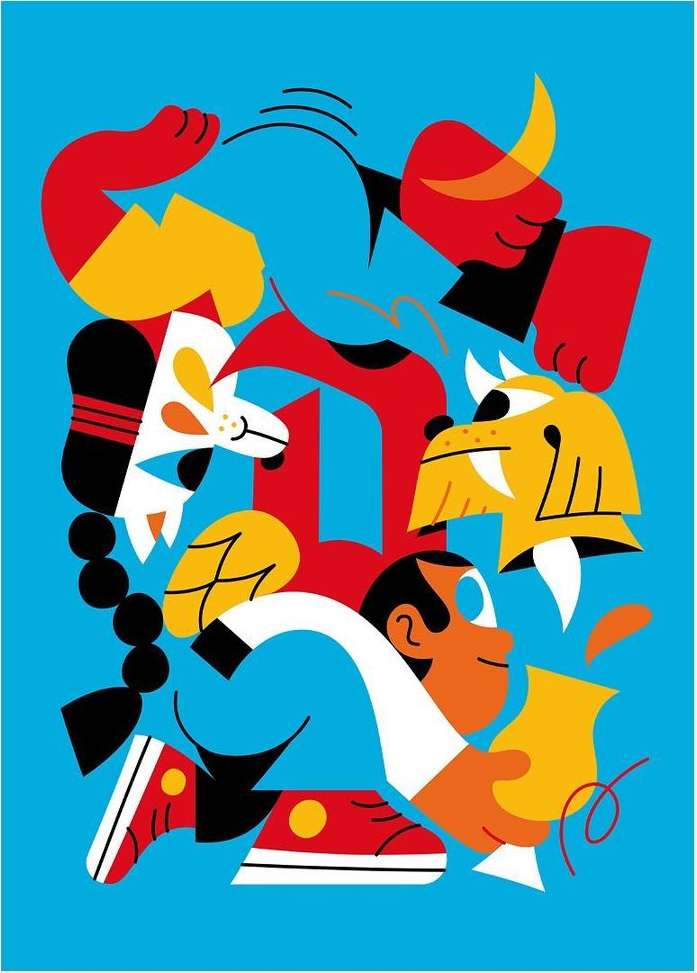 Colorful illustration of abstract human and animal figures with bold shapes and colors against a solid light blue background.