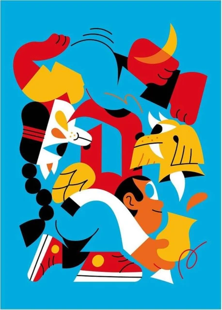 Colorful illustration of abstract human and animal figures with bold shapes and colors against a solid light blue background.