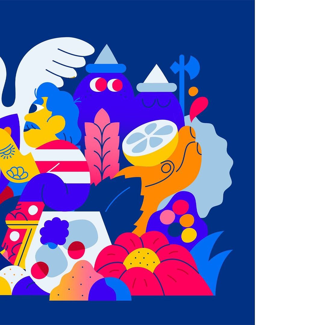Colorful illustration features a human-like figure, an assortment of fantastical flora and fauna, and a solid dark blue background.