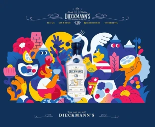Illustrated gin bottle surrounded by whimsical characters, flowers, and foliage in bold flat colors against a dark blue background.