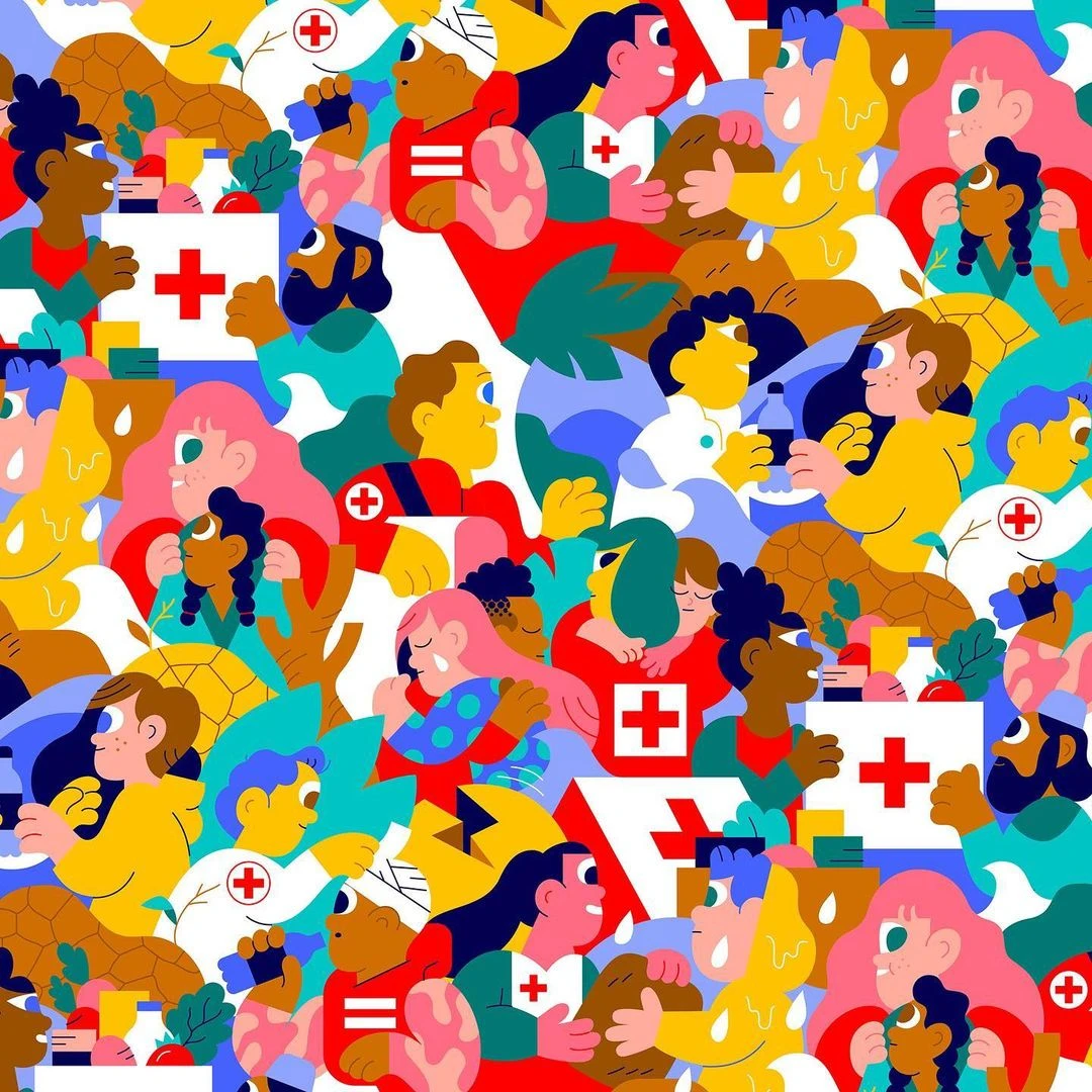 Colorful vector illustration of diverse people interacting and carrying aid boxes with red crosses by illustrator Hedof