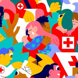 Colorful vector illustration featuring overlapping stylized figures with red cross symbols by illustrator Hedof