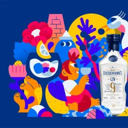 Colorful vector illustration by Hedof featuring Dieckmanns gin bottle and whimsical characters in blue, yellow, and pink.