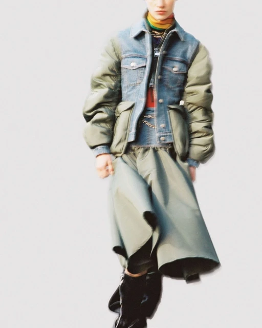 Editorial fashion shot of an adult woman wearing a patchwork denim and puffer jacket with a long olive skirt against a light background.